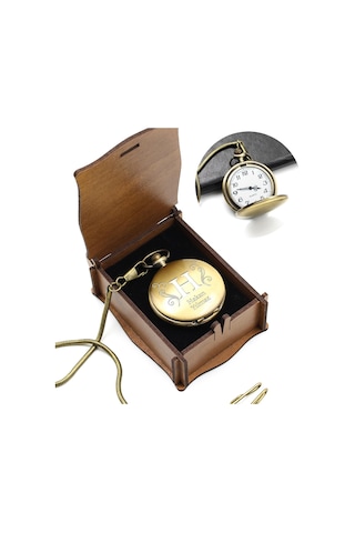 Kişiye Özel Ahşap Kutulu Köstekli Cep Saati Gold Renk