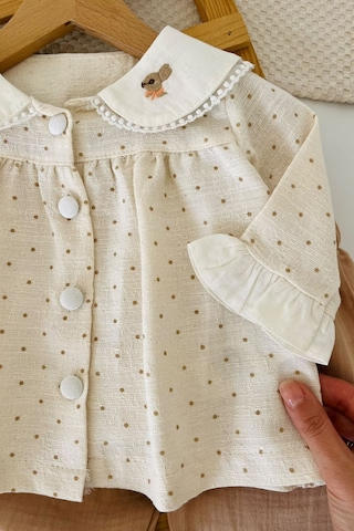 Minigimin Cicileri Yaka Tavşan Nakış Detaylı Puantiyeli Kız Bebek 2 Li Takım - Krem