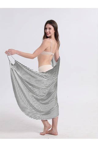 Spagetti Askılı Şık Çizgili V Yaka Plaj Elbisesi Mavi