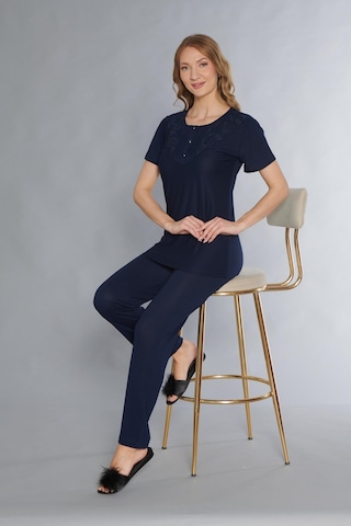 Kısa Kol Klasik Zakkum Dantel Detaylı Pijama Takımı Flz 88-120 Lacivert