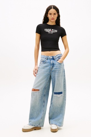 Tommy Jeans Tjw Slim Sh Dalgalı Bayrak Desenli Kısa Kollu Kadın Siyah T-shirt-16439