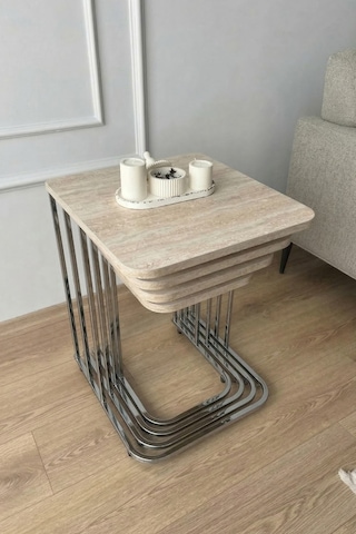 Renlife Zigon Sehpa Takımı 4'lü Metal Tekerlekli Mdf Modern Salon Oturma Odası Sehpası Krom Traverten