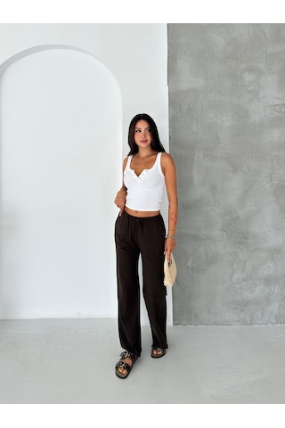 HLT Jeans Koyu Kahverengi Kadın Bel Lastik Detaylı İnce Dökümlü Baggy Keten Görünümlü Pantolon Emily-3023