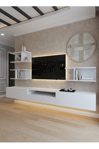 Resital Ledli Duvara Monte Tv Sehpası - Beyaz - W6014-1 Beyaz