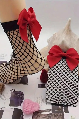 Heleni Kadın File Desenli Kırmızı Fiyonklu Siyah Soket Çorap Siyah