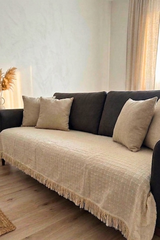 Pamuklu Bohem Koltuk Örtüsü Kare Desenli Püsküllü Yıkanabilir Kanepe Örtüsü Kaymaz Şık Modern Salon Bej
