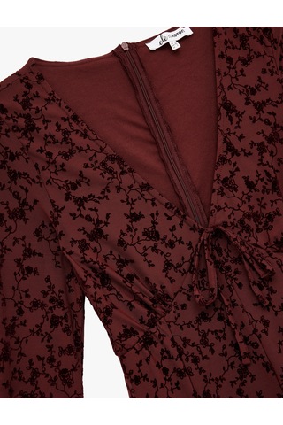 Koton Tül V Yaka Uzun İspanyol Kollu Fiyonklu Dantelli Mini Şortlu Tulum Bordo 6wal40007ık Bordo