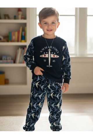 Zekids Erkek Çocuk Uçak Polar Desenli Pijama Takımı-16813 Lacivert