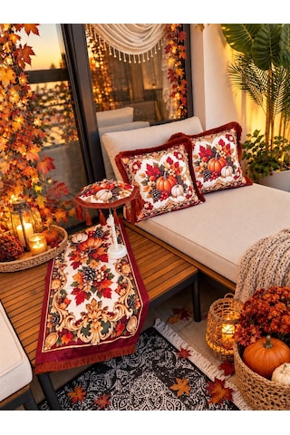 Missidea Autumn Luxury Desenli Dekoratif Masa Üstü Lambası Bali Şemsiyesi Seti Şemsiye + Runner + 2 Li Kırlent Kılıfı Çok Renkli