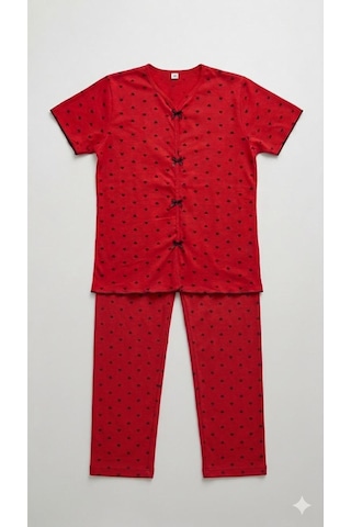 Lxl Yazlık Kırmızı Kalp Desenli Kısa Kol Penye %100 Pamuk Pijama Takım Kırmızı Siyah Kalp