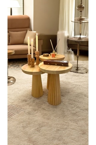 3'lü Vernikli Ahşap Yan Mantar Sehpa