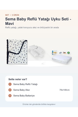 Sema Baby Yatağı Uyku Seti 3 Parça: Yatağı + Alez + Battaniye - Mavi