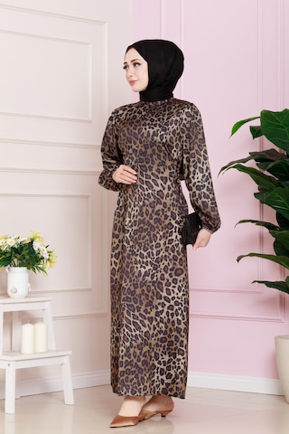 Yanı Bağcıklı Leopar Desenli Tesettür Abiye-kahverengi-4682