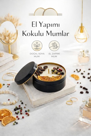 Dekoratif Lüks Soya Mum,el Yapımı Mum,metal Kutu ,karabiber Detay Ev Hediyesi,kahve Kokulu 100 G Kahverengi - Siyah