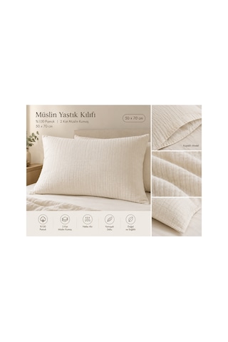 2 Kat Müslin Yastık Kılıfı 50x70 Cm Kapaklı Model %100 Pamuk Krem Krem