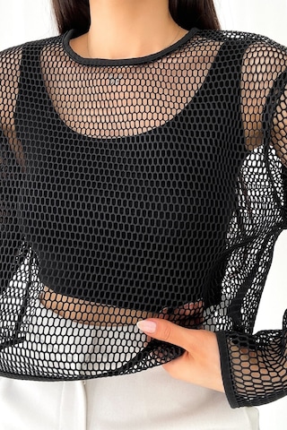 Femelle Kadın Siyah Fileli Rahat Kesim Bisiklet Yaka Bluz