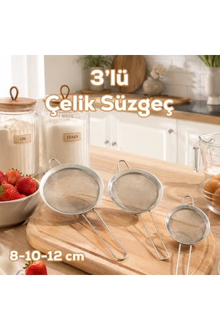 Porsima 1891 3lü Paslanmaz Tel Süzgeç Pirinç Süzgeci Çelik Süzgeç Metal Süzgeç 8-10-12 Cm