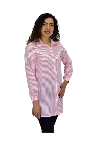 Kadın Çizğili Keten Gömlek Bgl-st03706 Pembe