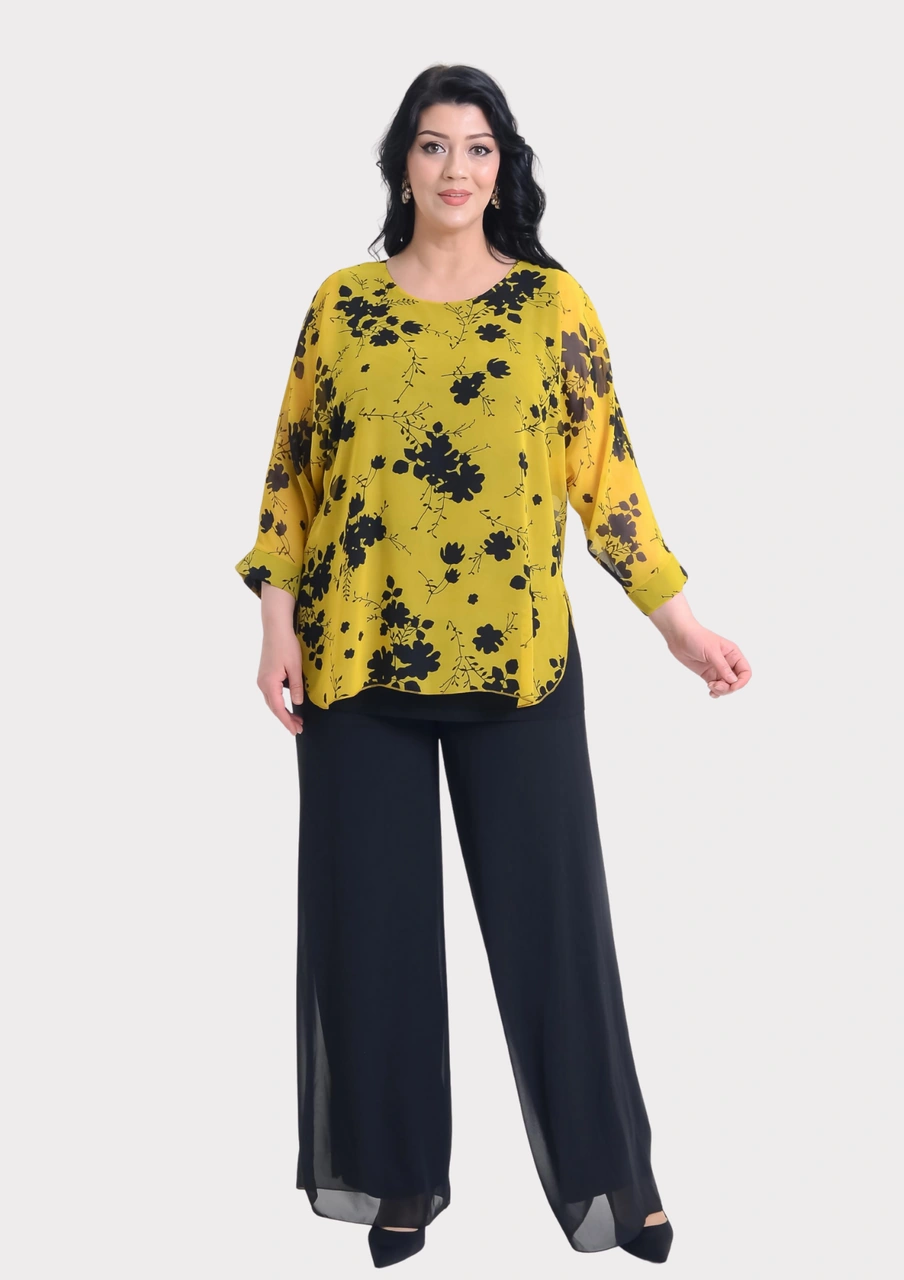 Lilas Xxl Büyük Beden Sarı Desenli Şifon Bluz Sarı