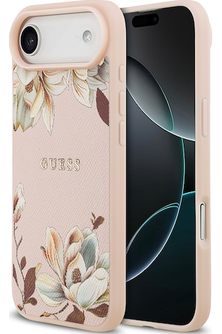 Apple Uyumlu iPhone 17 Air Kılıf Guess Lisanslı M-safeli Taneli Çiçek Tasarımlı Metal Yazı Logolu Pembe Pembe
