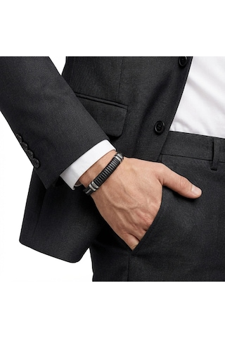 Moncuk Design Siyah Deri Ve 316l Halat Çelik Erkek Bileklik 33514b19d2