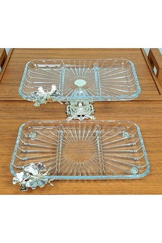 Elta Collection 2 Li Paşabahçe Kristal Metal Ayaklı Gümüş Dikdörtgen Bölmeli Pasta Sunumluk Kurabiyelik Gümüş Kare Bölmeli