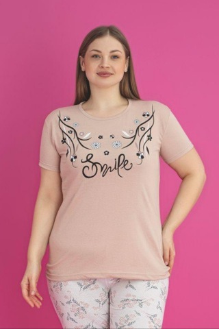 X-dreamy Büyük Beden Pamuklu Çiçekli Kısa Kollu Pijama Takımı Kahverengi