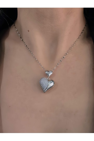 Eva Takı Store Bombeli Kalp Zirkon Taşlı Silver Renk Kolye Silver