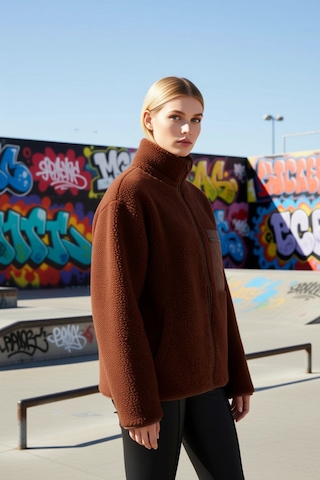 Benerly Kadın Dik Yaka Düşük Kol Tam Fermuarlı Peluş Sweatshirt Fonksiyon Kahverengi