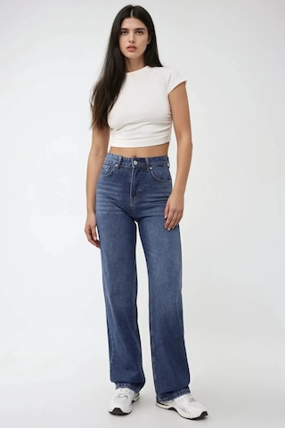 Hiccup Yüksek Bel Straight Kot Pantolon Orta Mavi Denim