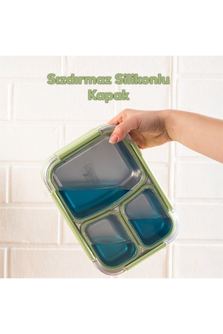 Porsima Bl25238 Isı Yalıtımlı Paslanmaz Çelik Sızdırmaz Silikon Kapak 3 Bölmeli Vakumlu Yemek Termosu Beslenme Kutusu Taşınabilir Lunch Box Sefer Tası Yeşil