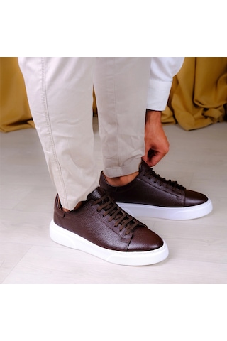 Twingold Kişiselleştirilebilir Kalın Ortopedik Tabanlı %100 Deri Sneaker Spor Ayakkabı - Kahverengi Kahverengi