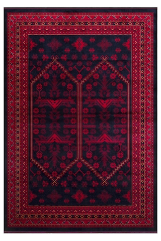 Herat Her 01 Navy Afgan Desenli Viskon Sık Dokuma Kaymaz Tabanlı İnce Makine Halısı