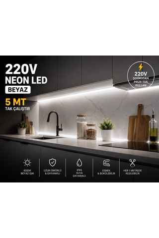 5 Metre Tak Çalıştır Parlak Güçlü Işık Borsan 220v Neon Led Beyaz Montaj Aparatı Dahil Beyaz 6000-6500K