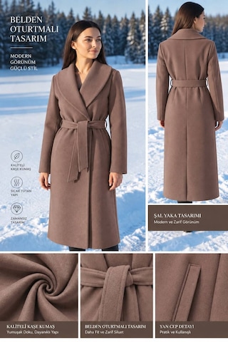 Moda Banuş Kadın Kuşaklı Cepli Yırtmaçlı Astarlı Kaşe Açık Camel Kahve Kaban Kahverengi Kahverengi