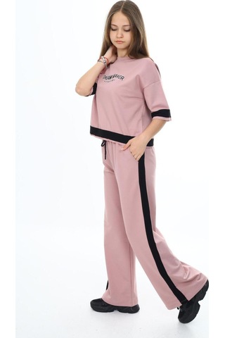 Kız Çocuk %100 Pamuk Oversize Yarım Kol Alt-üst Eşofman Takım-eşt-0017 Pudra