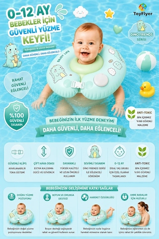 Bebek Yüzme Boyun Simidi Pompa Gerektirmeyen Yeni Nesil 0-12 Ay Bebek Simidi, Çift Emniyet Tokalı Gü