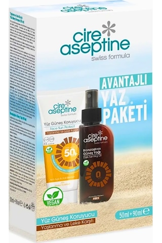 Cire Aseptine Avantajlı Yaz Paketi Yüz Güneş Koruyucu Spf 50+ Yaşlanma Ve Leke Karşıtı 50ml İle Bronzlaştırıcı Güneş Yağı 90ml