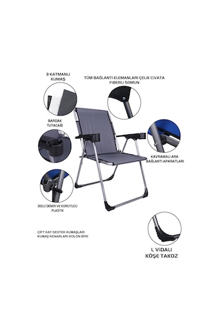 Alin Metal Kamp Sandalyesi 4''lü Lüks Bardaklı Kamp Sandalyesi Ve Masa Set Trf-01 Gri Gri