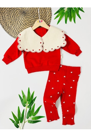 Kalp Nakış Dörtgen Yakalı Fitilli Tayt Mevsimlik 2 Parça Set Kırmızı