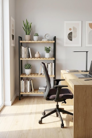 4 Katlı Metal Ofis Kitaplığı, Doğal Ahşap Raf, 4 Katlı Kitap Dosya Rafı - Depo, Arşiv, Siyah