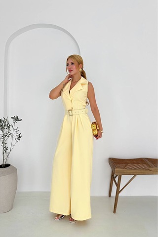 Neşeli Butik Kadın Gömlek Yaka Düğme Detaylı Maxi Tulum Nbk061 Sarı