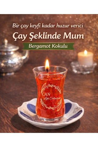 Çay Ağacı Kokulu Türk Çayı Görünümlü Dekoratif Mum Çay Bardağı- Açık Kırmızı