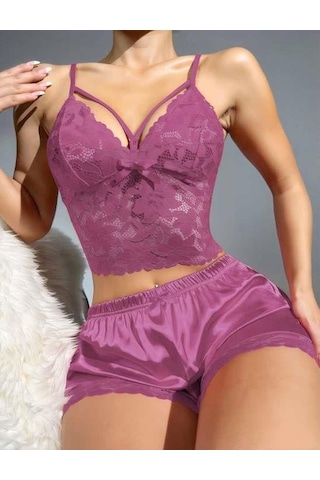 Dantelli Büstiyer İnce Askılı Lila Saten Şortlu Takım Lila