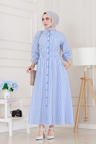 Sevitli Çizgili Cepli Tesettür Elbise-mavi-5137 Mavi
