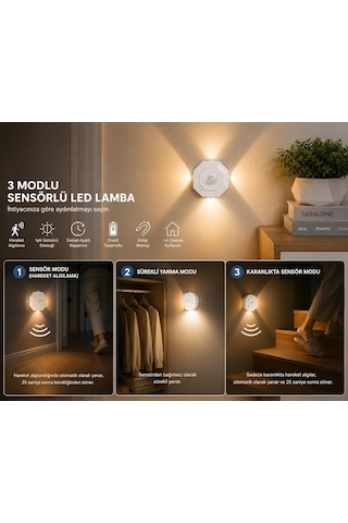 3 Adet Sekizgen Şeklinde 3 Modlu Sensörlü Led Lamba Usb Şarjlı Hareket Sensörlü Gece Lambası Kablosuz Dolap Koridor Merdiven Aydınlatma Enerji Sınıfı Beyaz