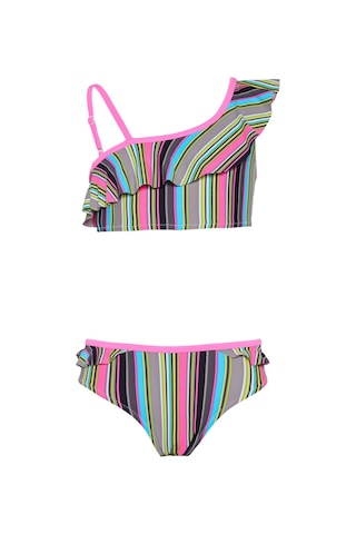 Toosalty Kız Çocuk Çok Renkli Siyah Çizgili Pembe Biyeli Bikini Takımı 25sg002st Çok Renkli