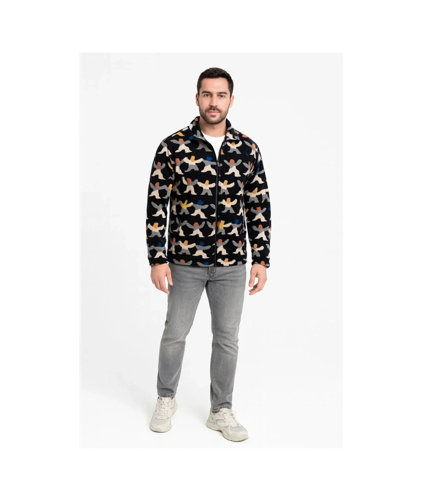 Erkek Tam Fermuarlı Desenli Polar Sweat Siyah Multicolor Figür Desen Yakalı, Uzun Kollu, Oversize Siyah