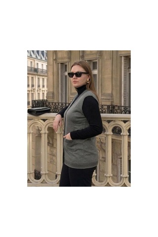 Onno Style Women Bantı Hasır Desenli Çelik Örgü Klasik Triko Yelek Gri