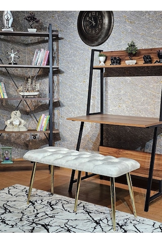 Zafir Gold Metal Krem Oturaklı Sivriltme Ayaklı Babyface Puf & Bench & Oturak Krem